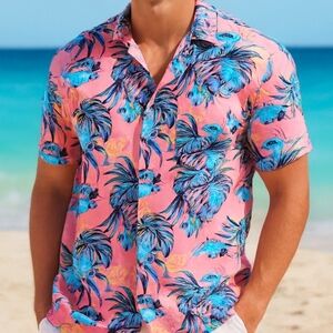 Disney Stitch Hawaiian Shirt  Short Sleeve Mens Size Medium Pink